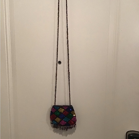 SEQUIN FRINGE PURSE SMALL EVENING BAG MULTI COLOR PROM FORMAL AFFAIR GLITTERING - Picture 4 of 4